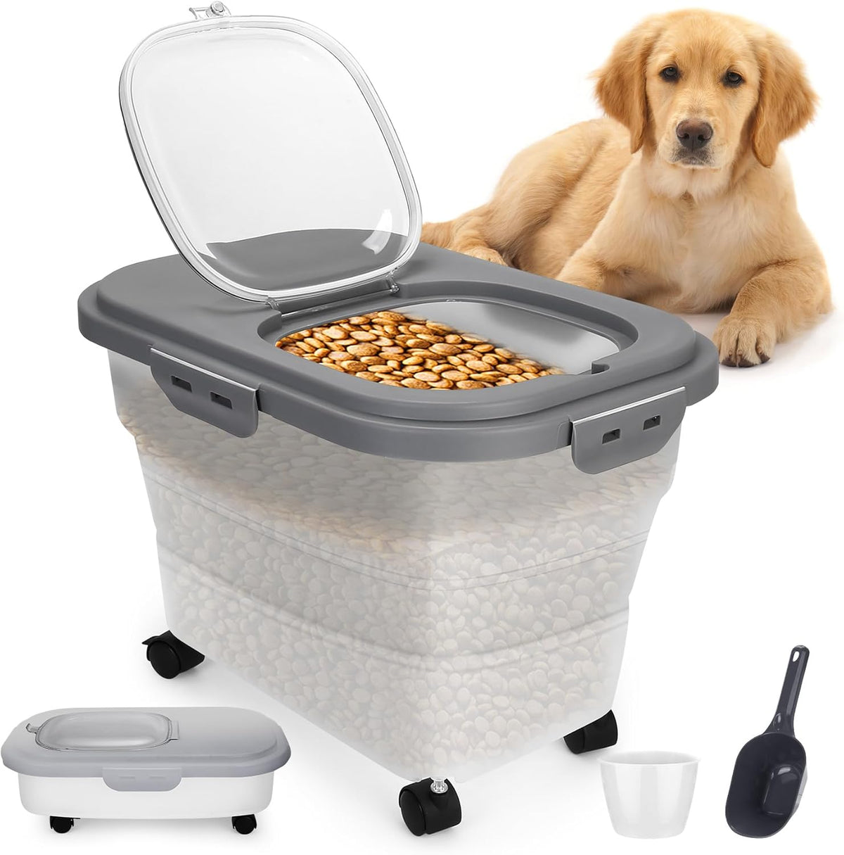 Dog Food Container, Collapsible Pet Food Storage Container 17-20 lb with Rolling Wheels & Airtight Lid, Plastic Storage Bin With Dog Food Scoop and Measuaring Cups - Image 9