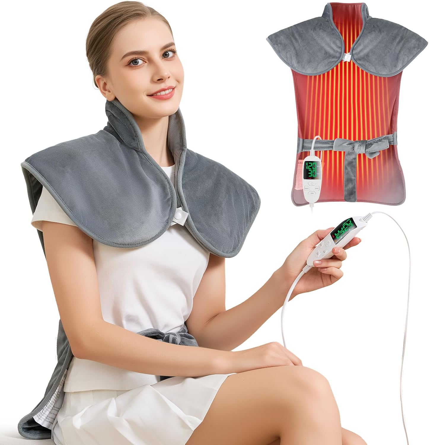Xiaotong electric weighted heating pad front view showing grey plush fabric for neck and shoulder pain relief