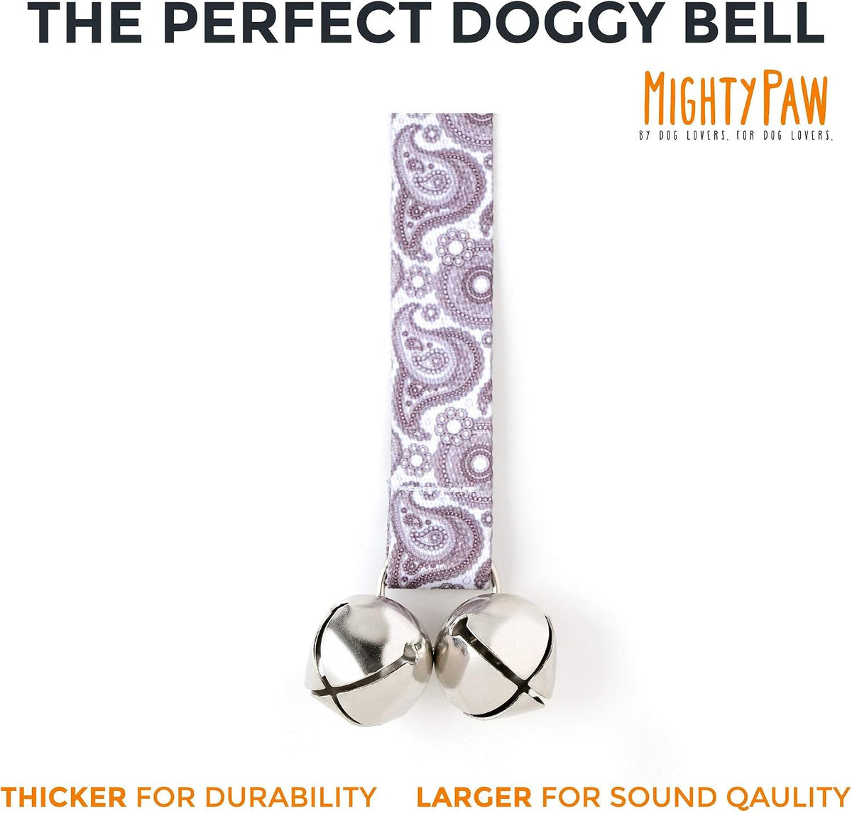 Close up view of durable metal bells on Mighty Paw potty training aid