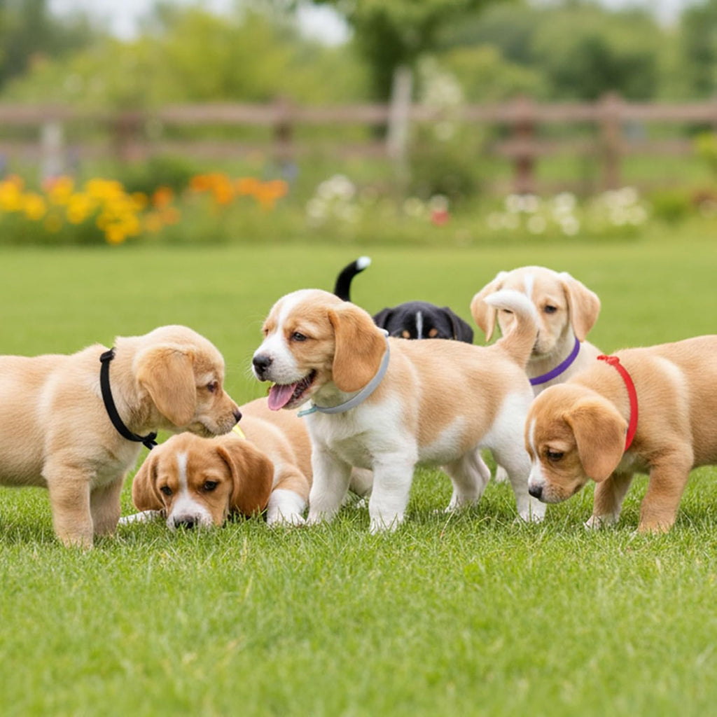 Washable and reusable colorful kitten whelping collars spread out to highlight the durable silicone construction.