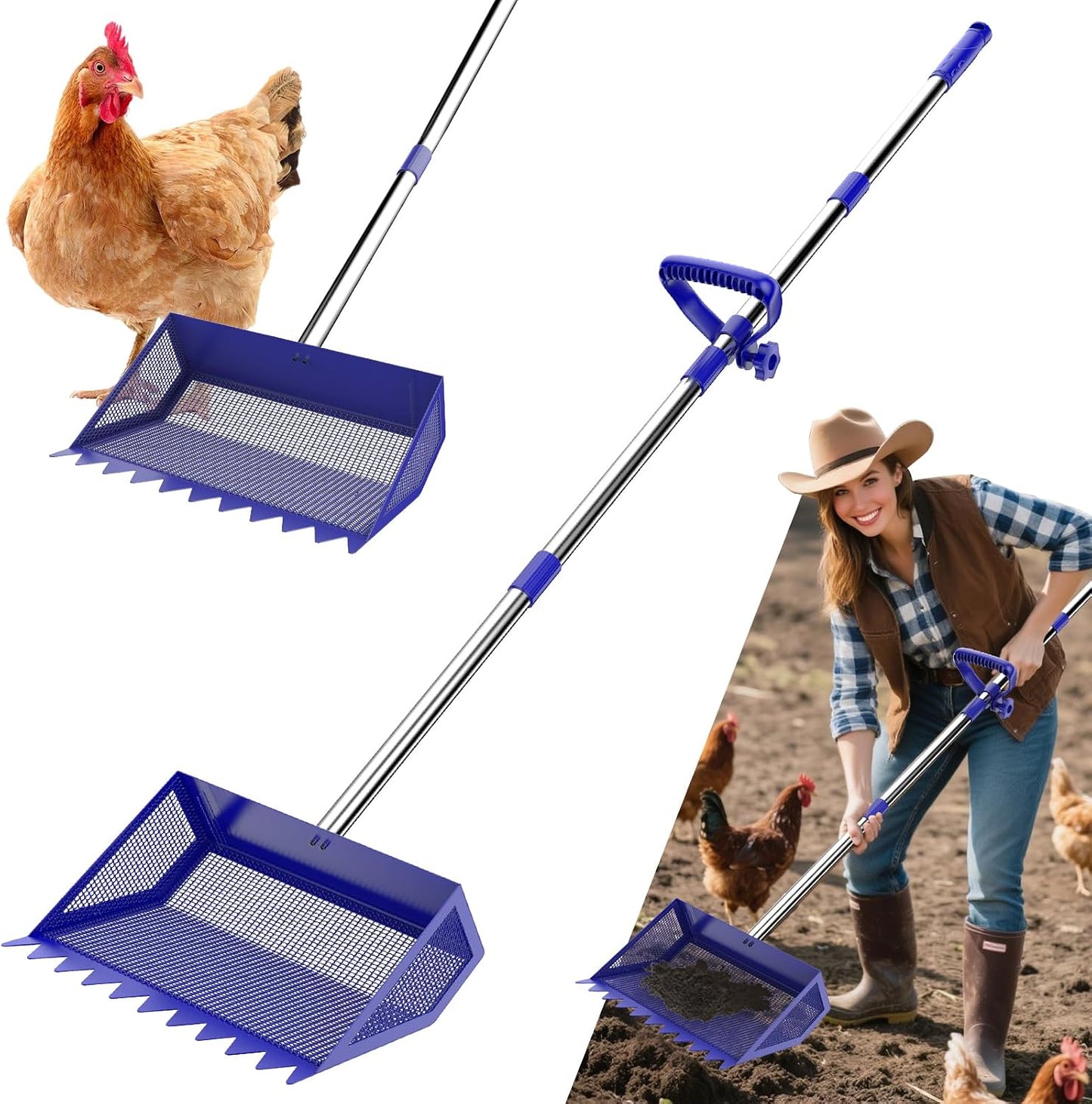 Veemi chicken poop scooper rake front view for poultry coop cleaning accessory