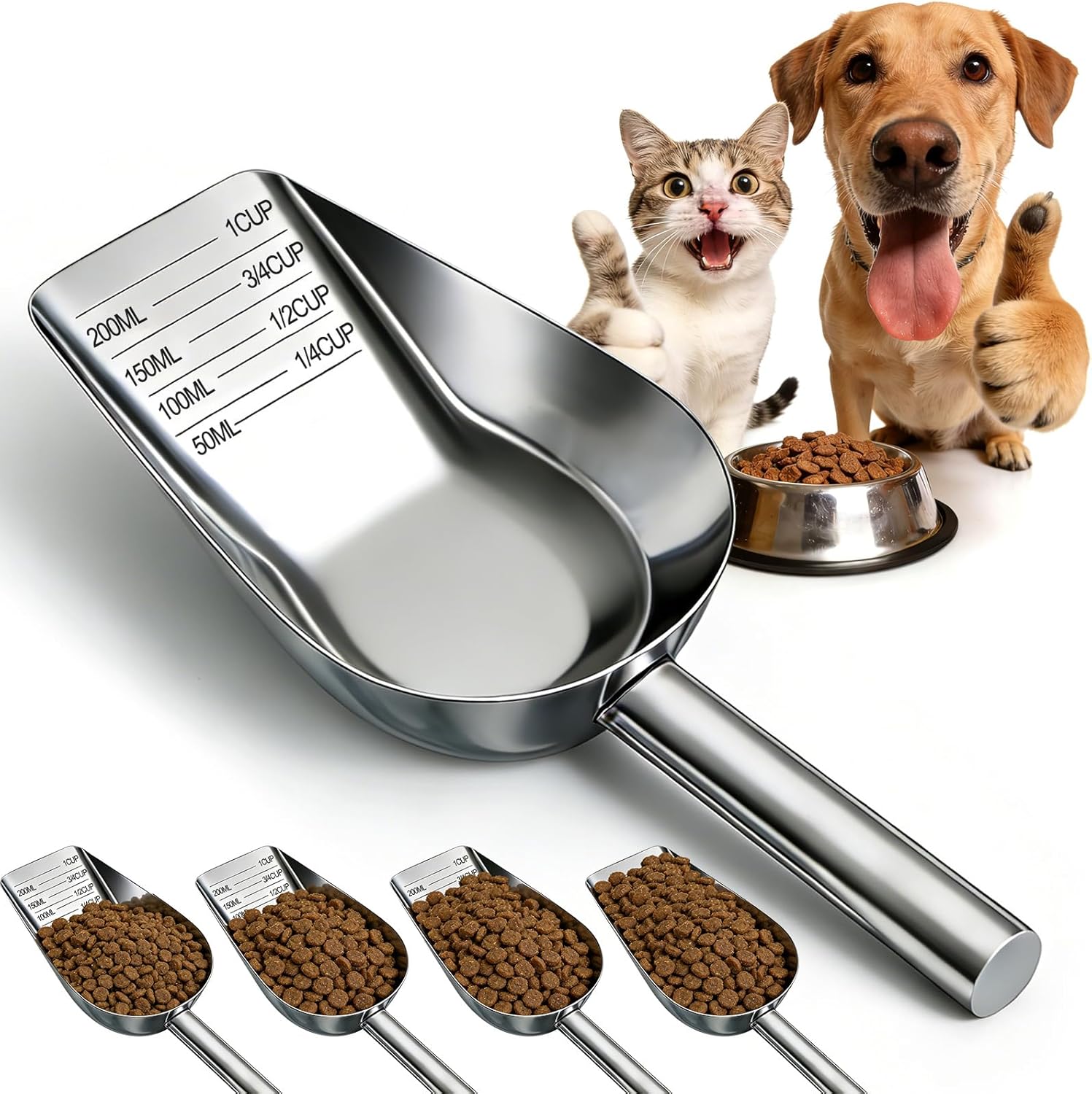 Mity Rain stainless steel dog food scoop side profile view
