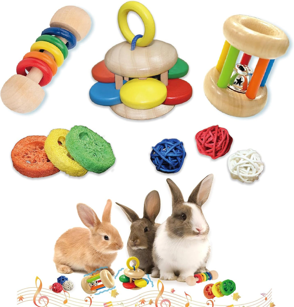 QWR wooden bunny toys nine piece set front view showing assorted safe rabbit chew toys