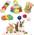 QWR wooden bunny toys nine piece set front view showing assorted safe rabbit chew toys