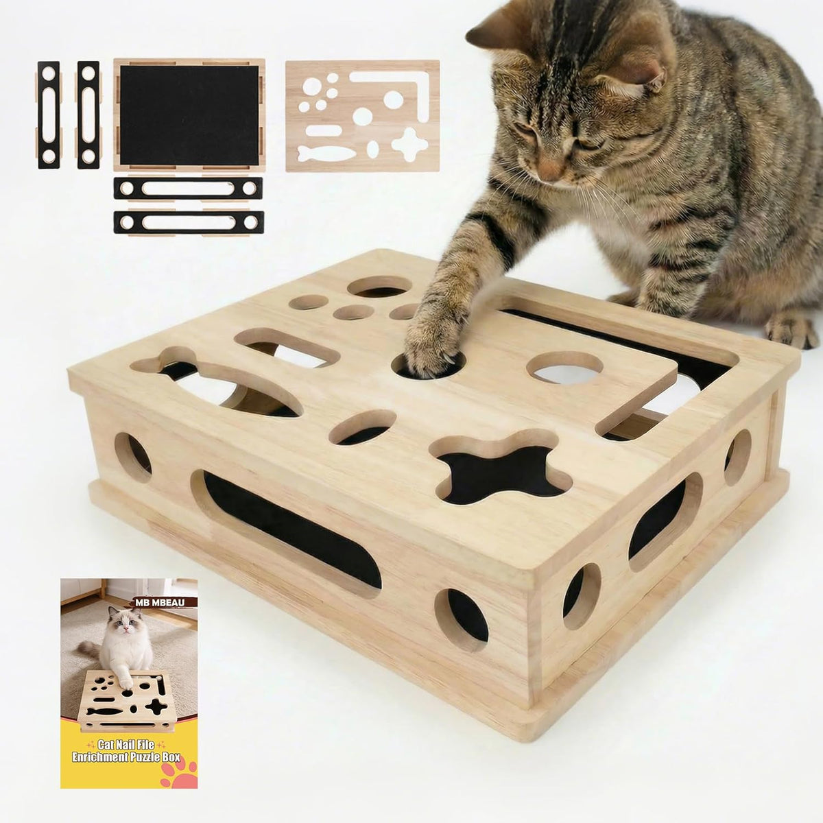 MB MBEAU Cat Scratch Puzzle Enrichment Box front view showing premium pine wood construction