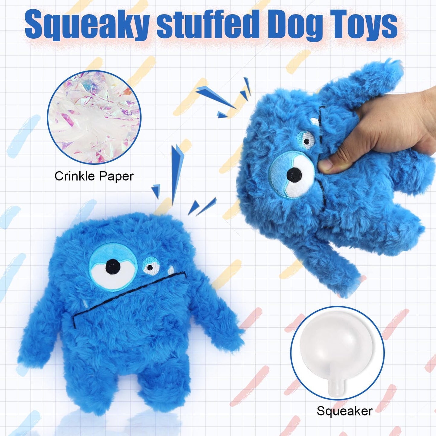 Blue stuffed dog chew toy with embroidered details showcasing durable reinforced stitching.
