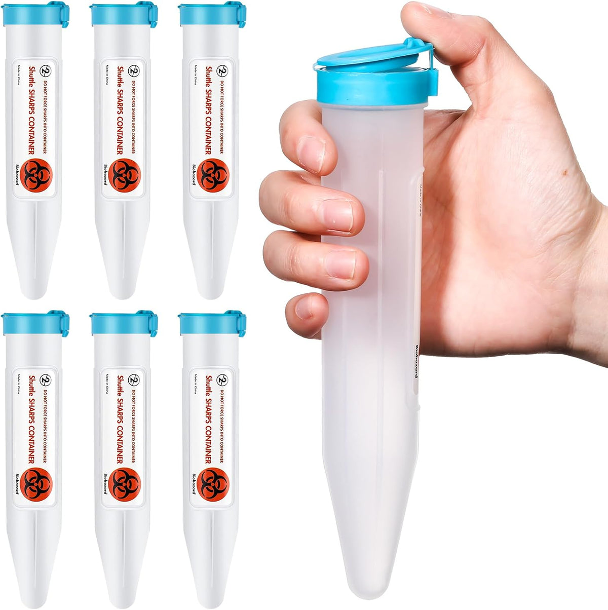 Colingmill single use travel sharps containers front view showing six clear tubes with blue locking lids
