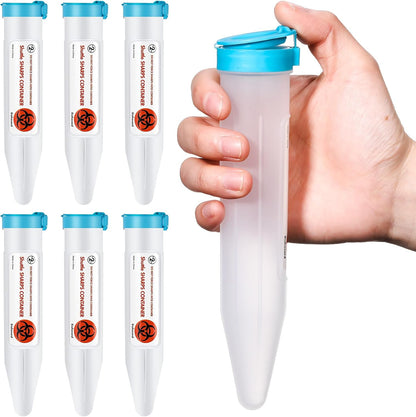 Colingmill single use travel sharps containers front view showing six clear tubes with blue locking lids