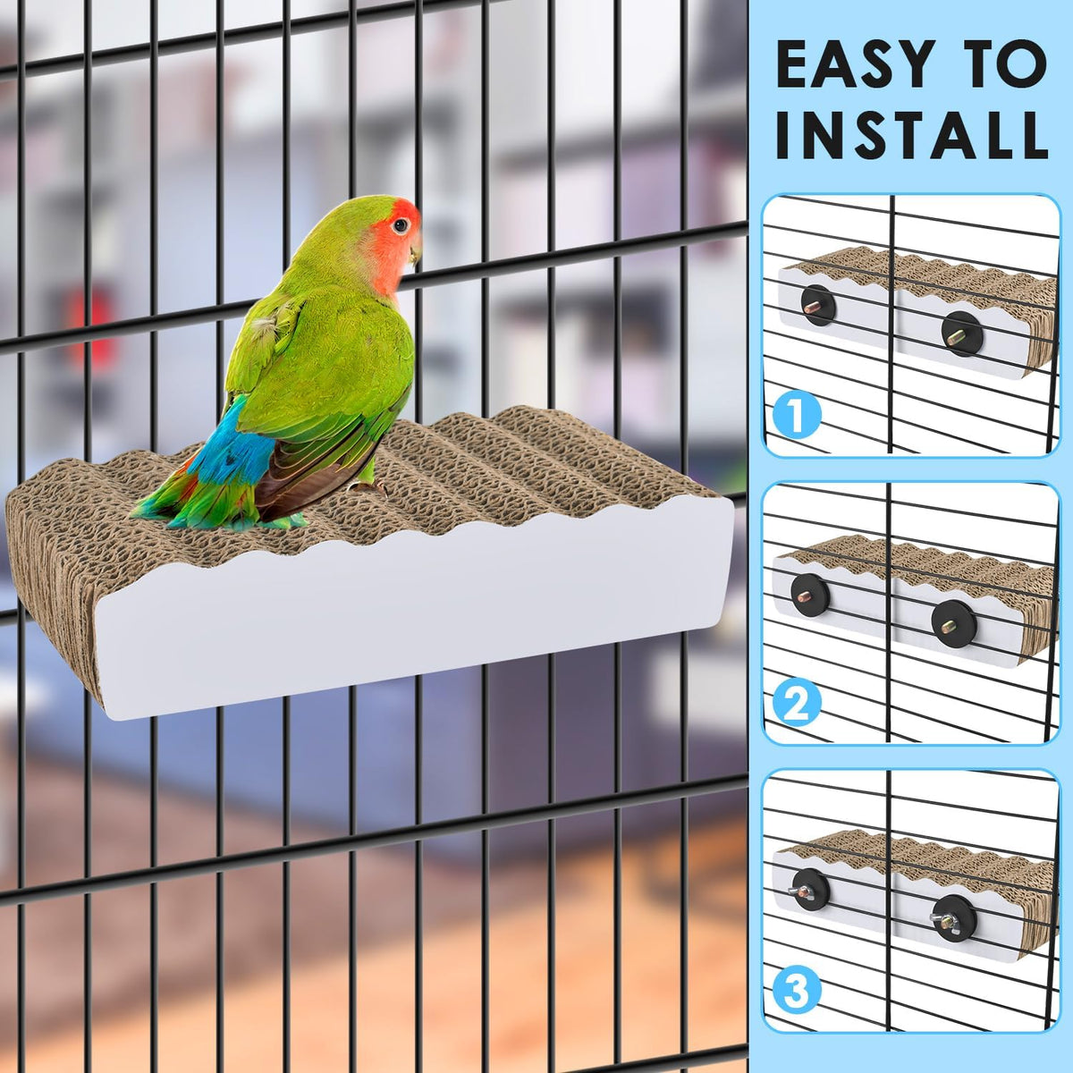 Cardboard bird platform perch mounted with wing nuts