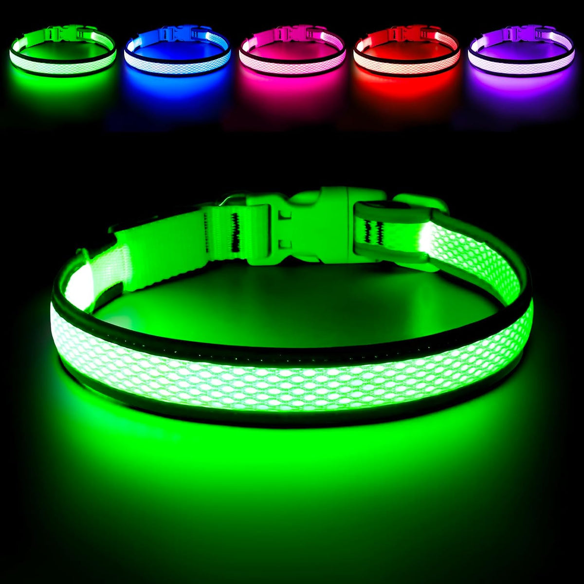 Flashseen LED dog collar front view in green