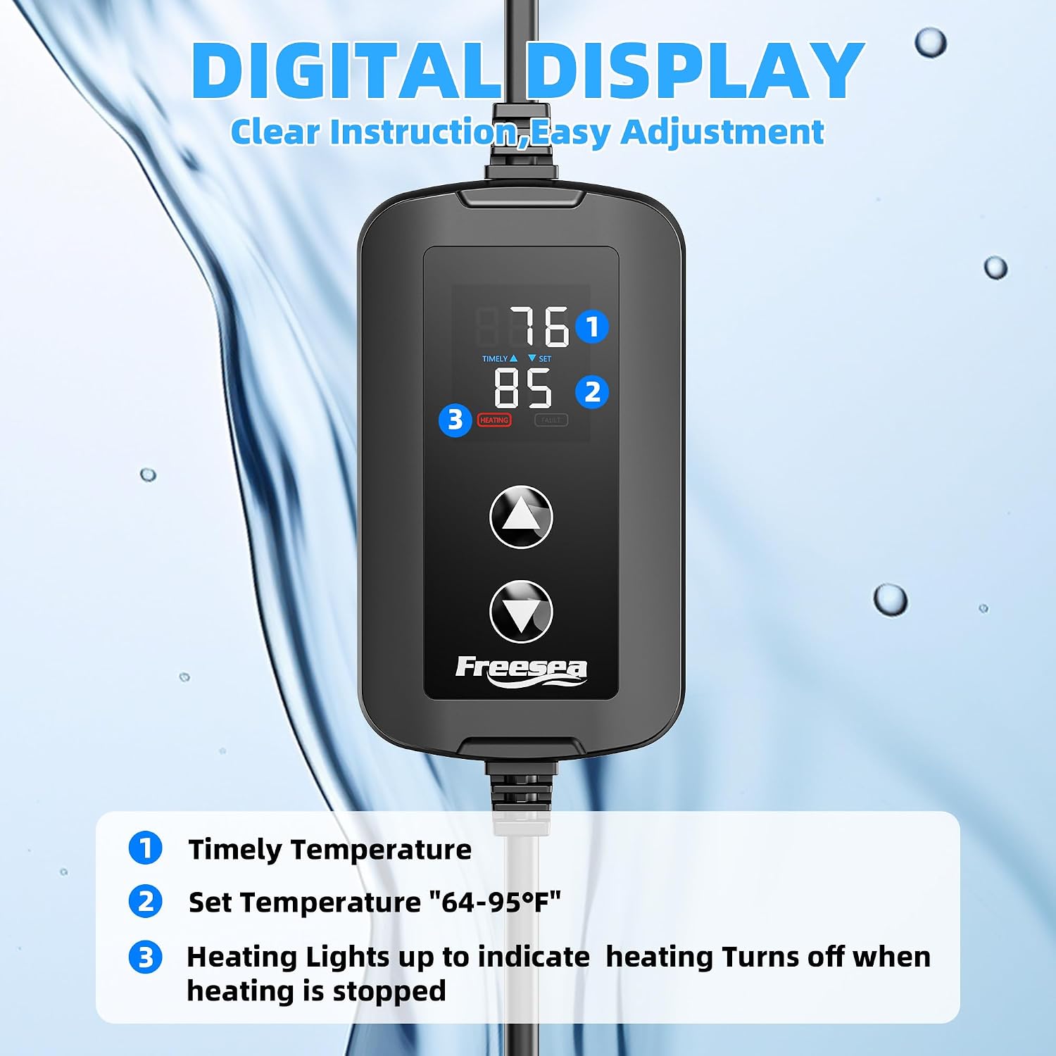 Freesea aquarium heater packaging contents including thermometer strip