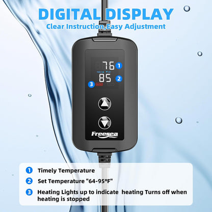 Freesea aquarium heater packaging contents including thermometer strip