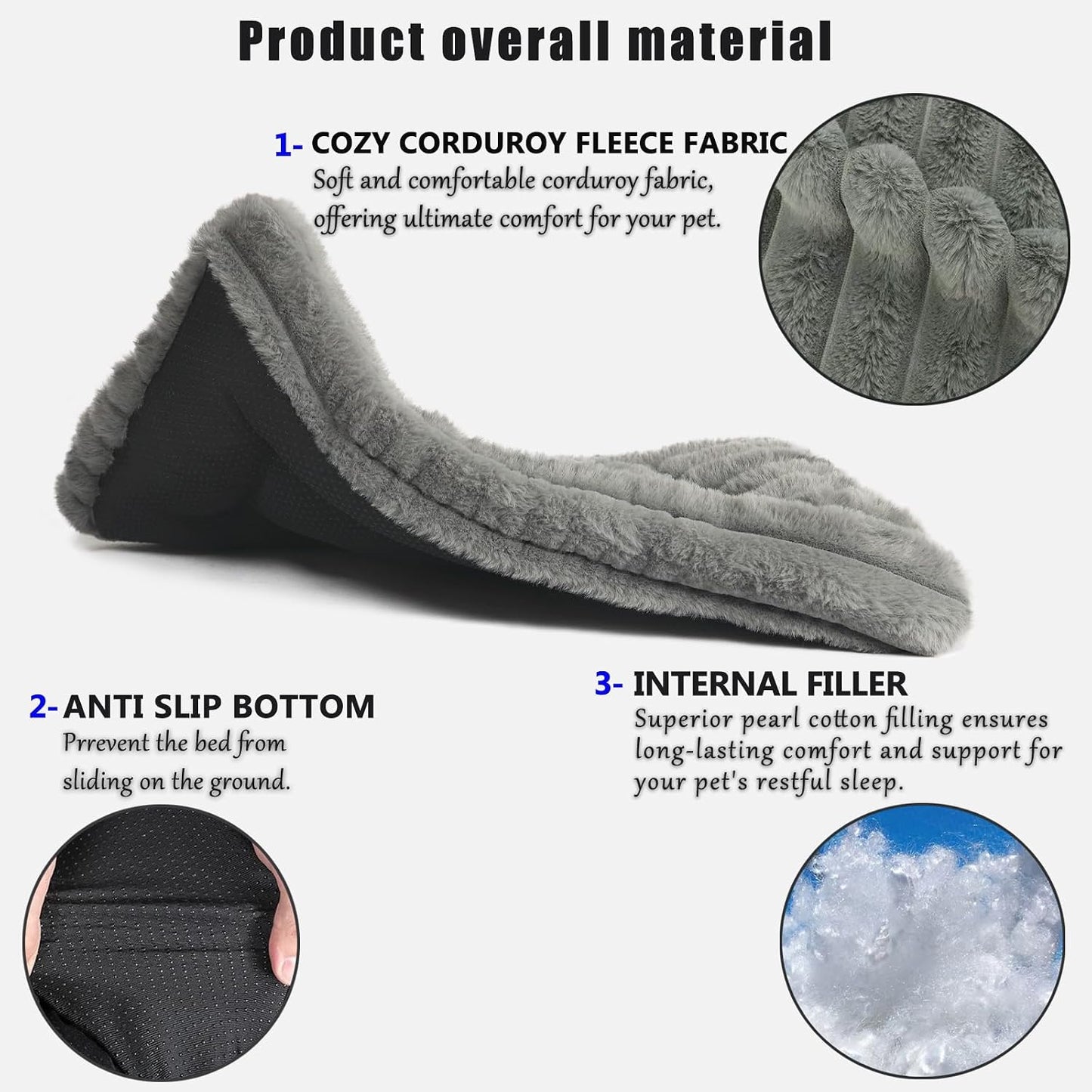 Close up view of the premium cotton filling and faux fur fabric on the pet mattress.