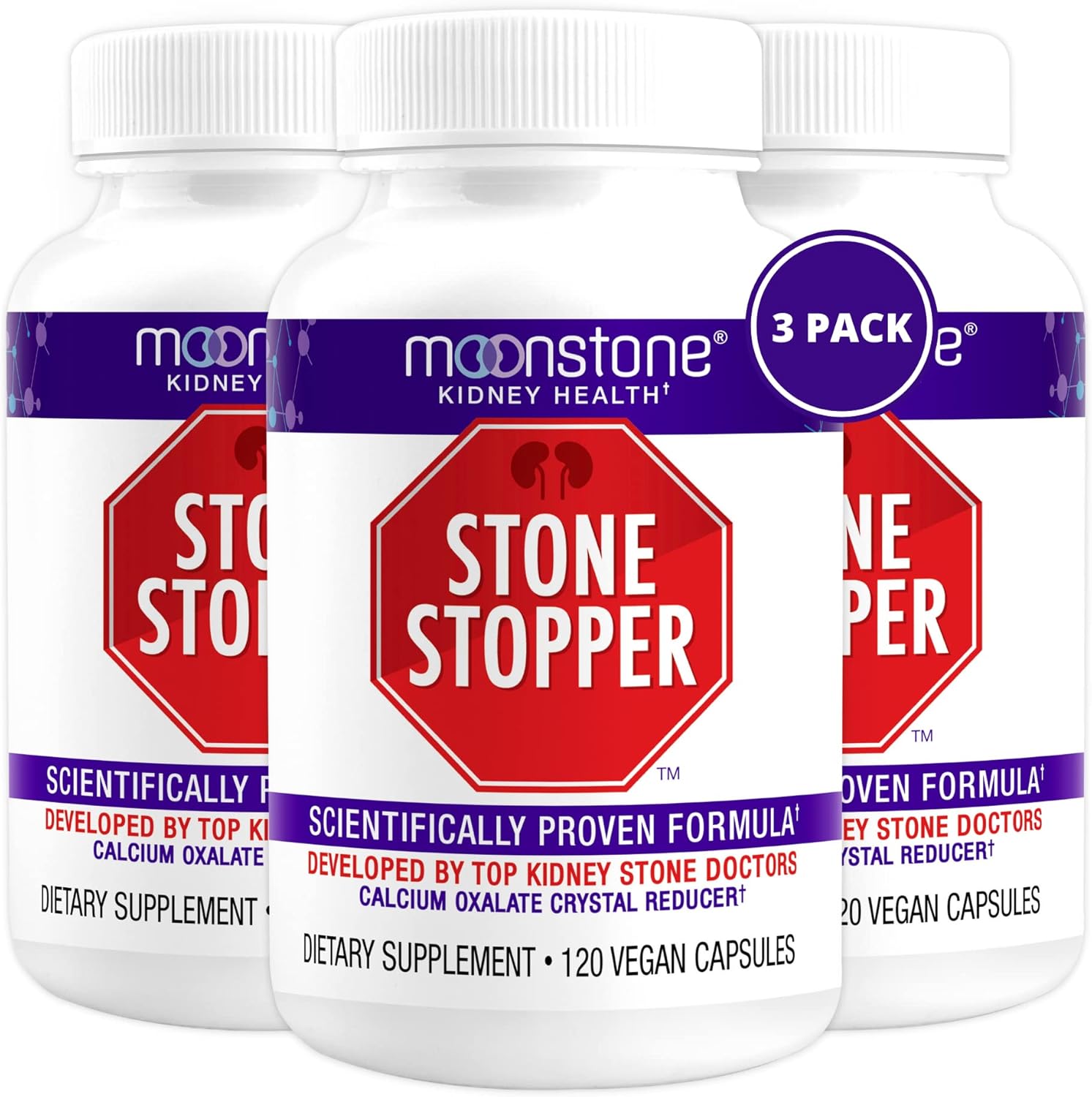 Moonstone Stone Stopper Capsules front view of three hundred and sixty count bottle for kidney stone prevention