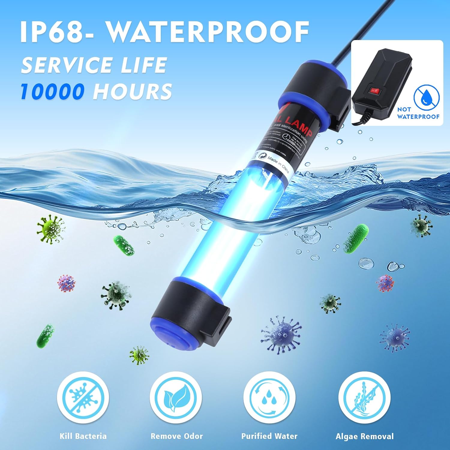 Waterproof quartz tube water clarifier for green algae removal in ponds