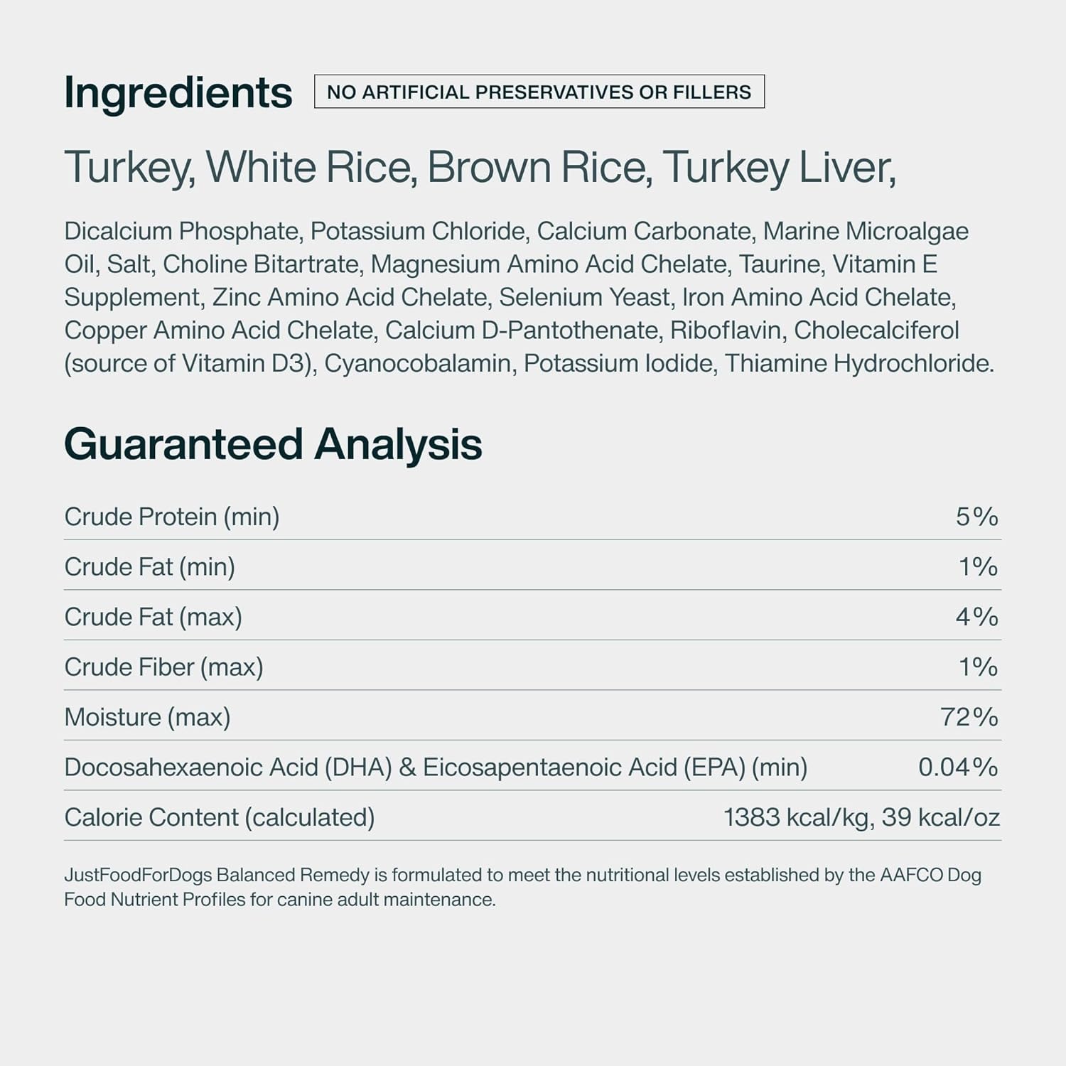 Close up of JustFoodForDogs 18 Ounce fresh food packaging