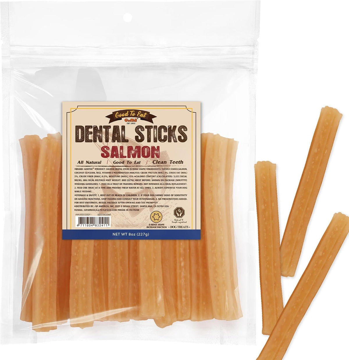 Gootoe Salmon Dog Dental Sticks front packaging view showcasing hexagon treats.