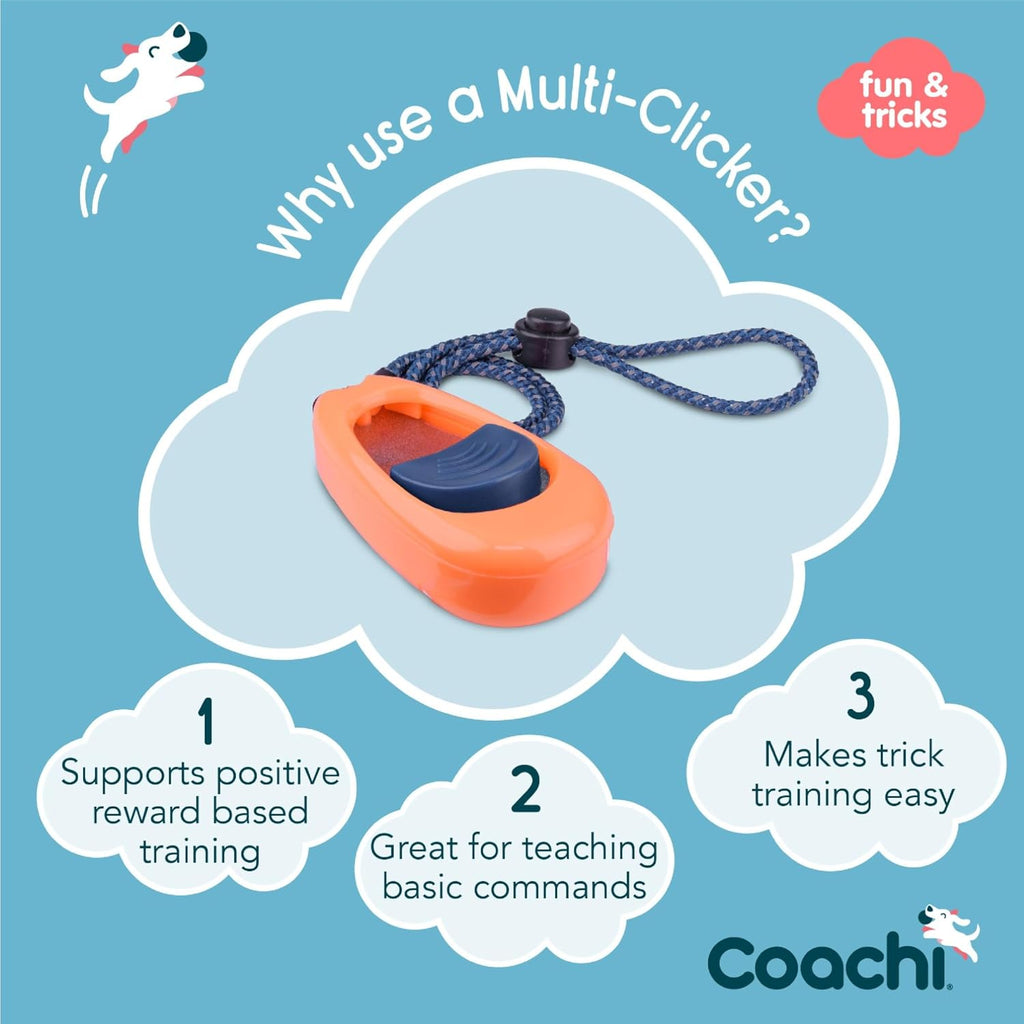 Coachi Multi-Clicker dog clicker highlighting the patented volume control switch