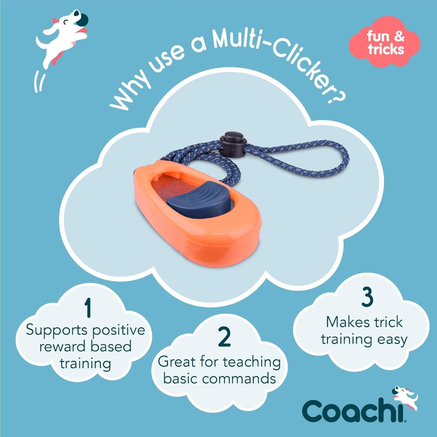 Coachi Multi-Clicker dog clicker highlighting the patented volume control switch