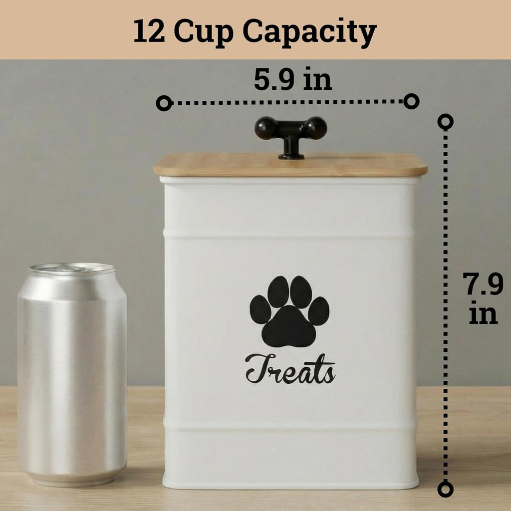Dog treat container size reference next to common kitchen items