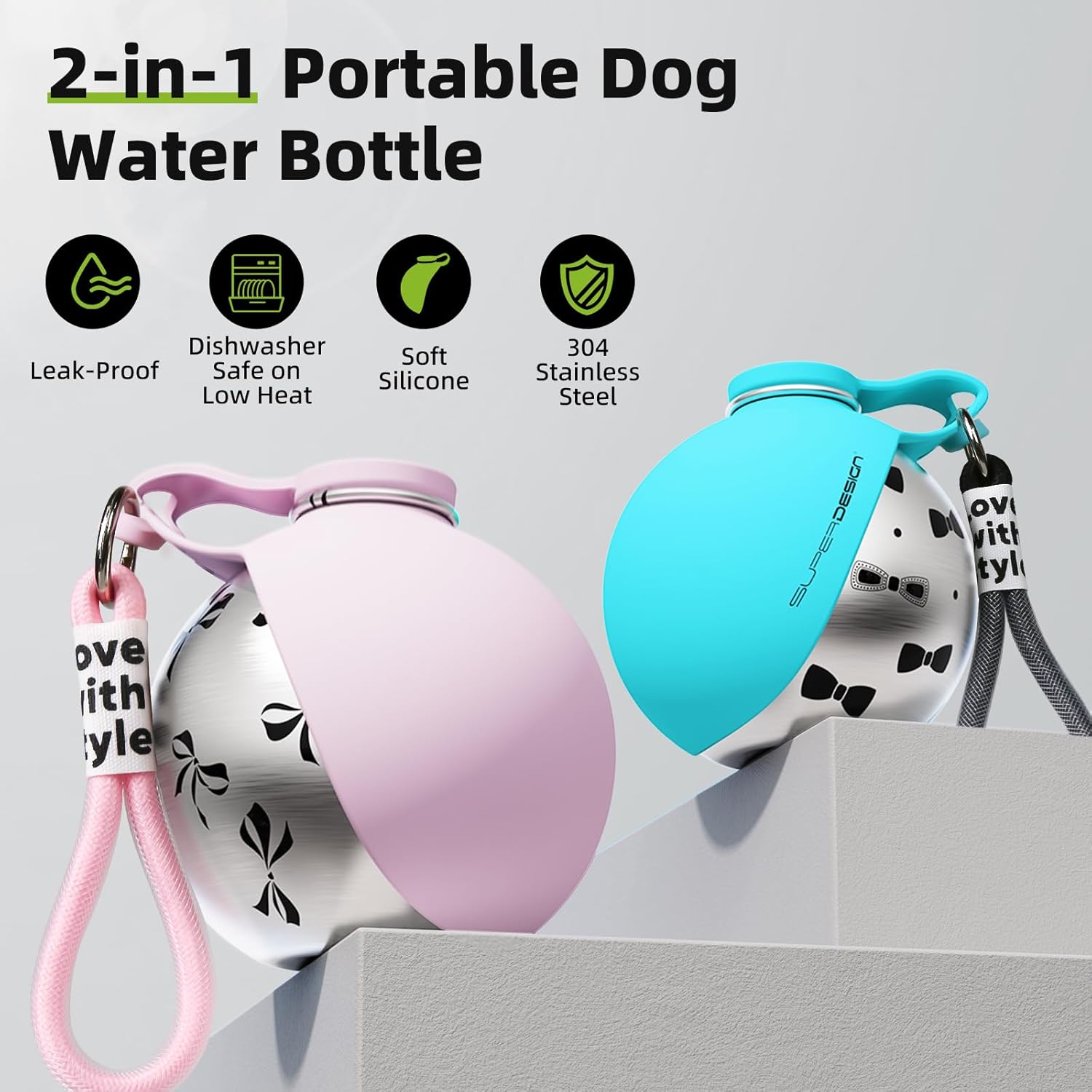 SuperDesign hands free portable dog bowl for walking and travel