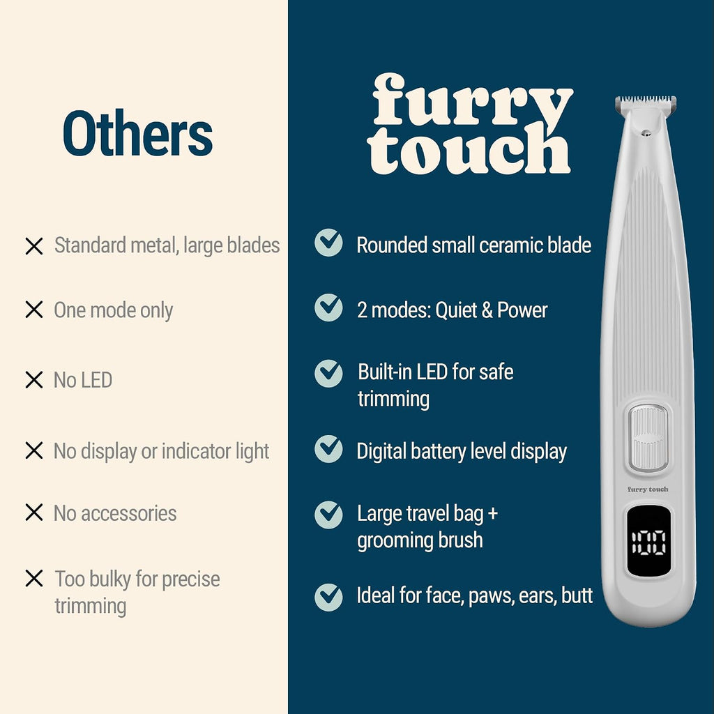 Furry Touch electric pet groomer shown with complete kit including travel bag grooming comb and cleaning brush.