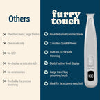 Furry Touch electric pet groomer shown with complete kit including travel bag grooming comb and cleaning brush.