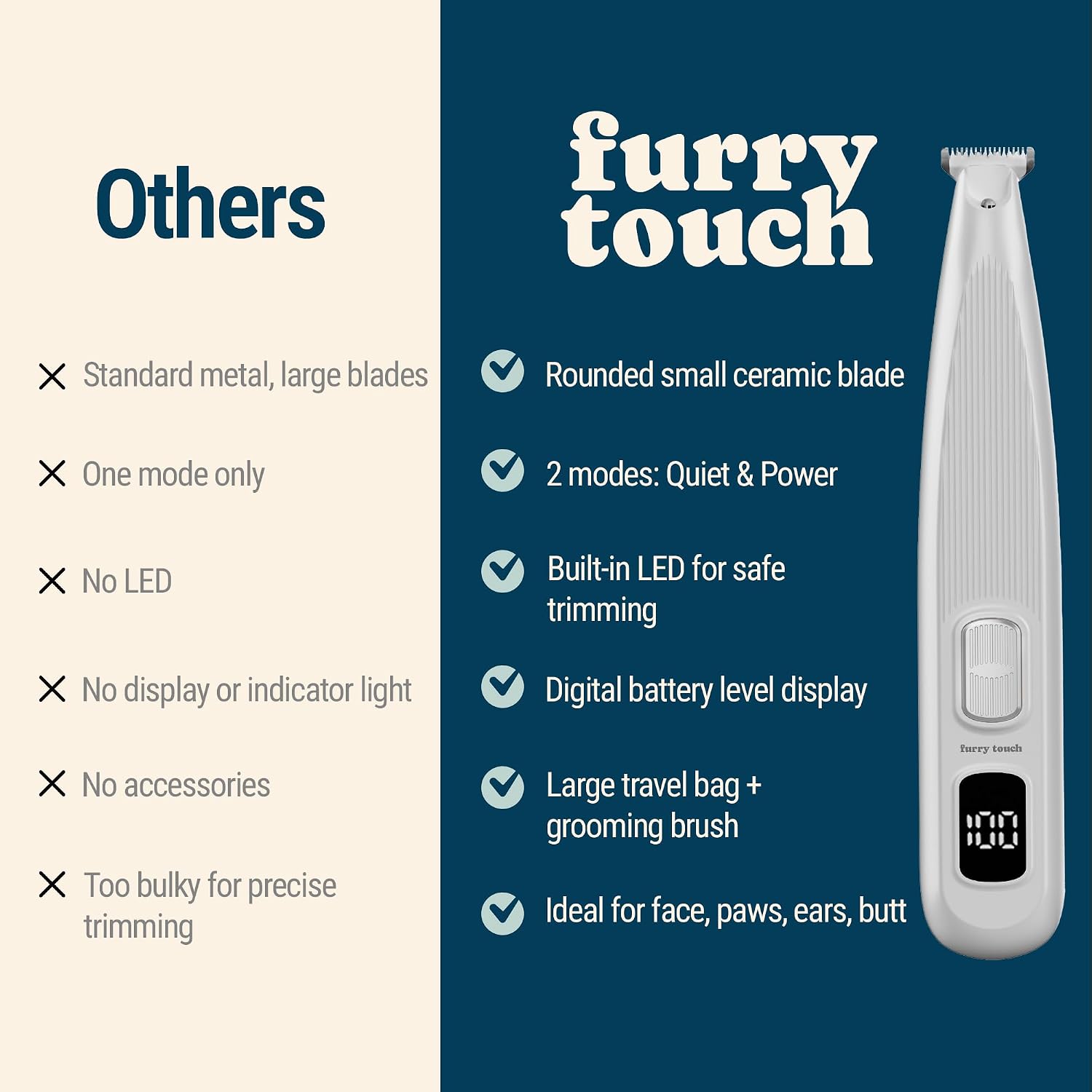 Furry Touch electric pet groomer shown with complete kit including travel bag grooming comb and cleaning brush.