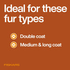 Orange and black Fiskars dematting rake for medium pets