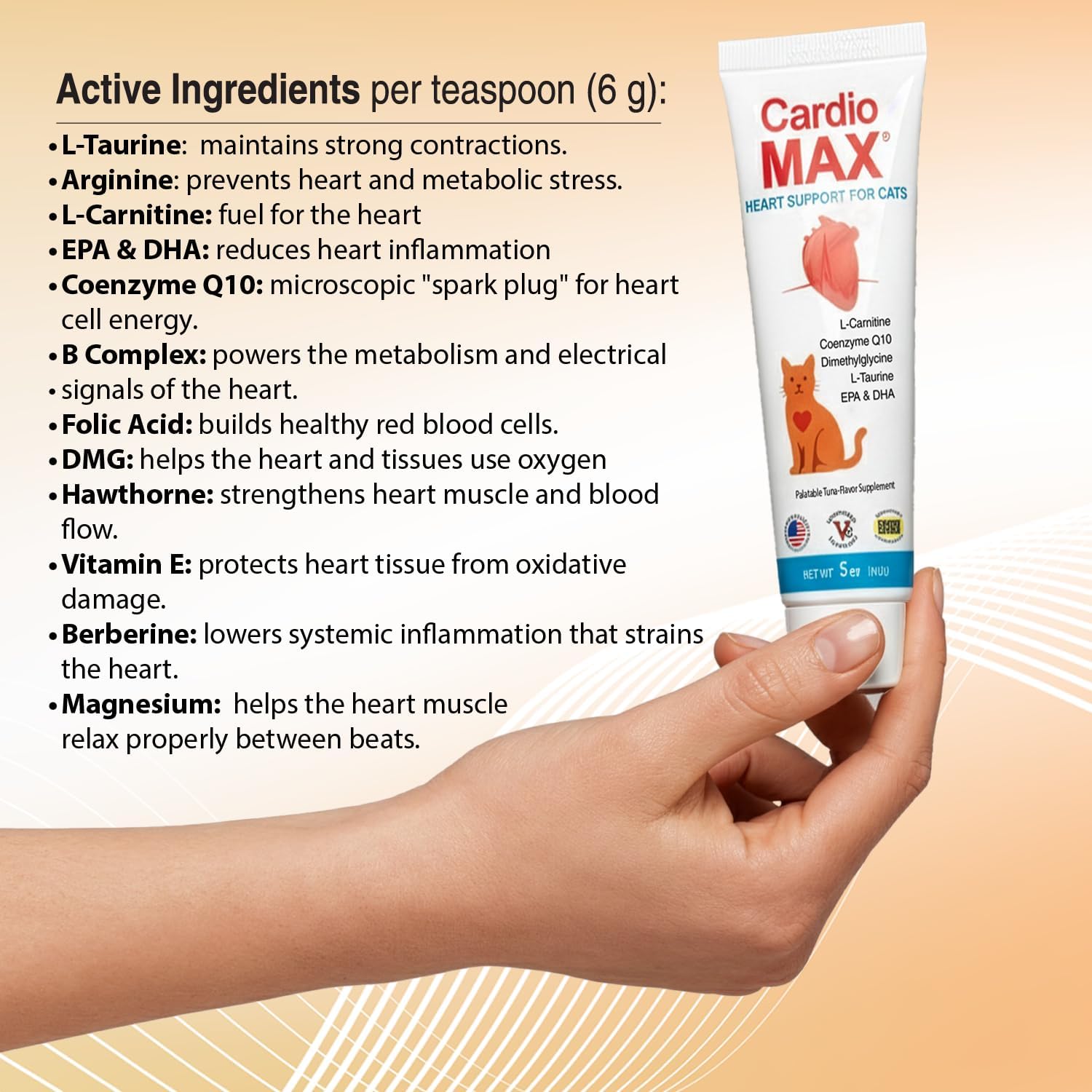 Heart Support Gel for Cats - L-Taurine, L-Carnitine, CoQ10 & Omega-3 (EPA & DHA) - Cardiovascular & Heart Muscle Support - Veterinarian Formulated Cat Cardiac Supplement - Tuna Flavor - 5 oz - Image 10