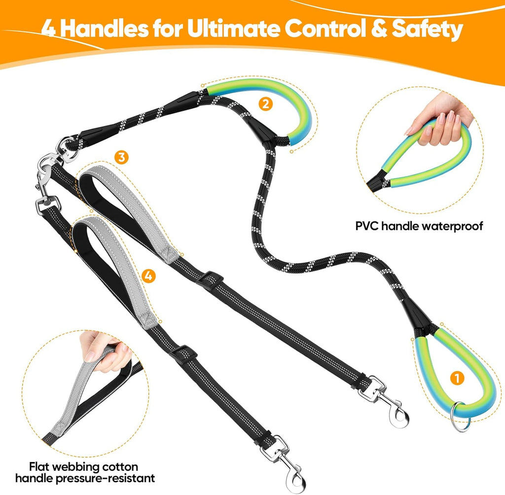 Heavy duty dual dog leash with four comfort padded handles for maximum control.