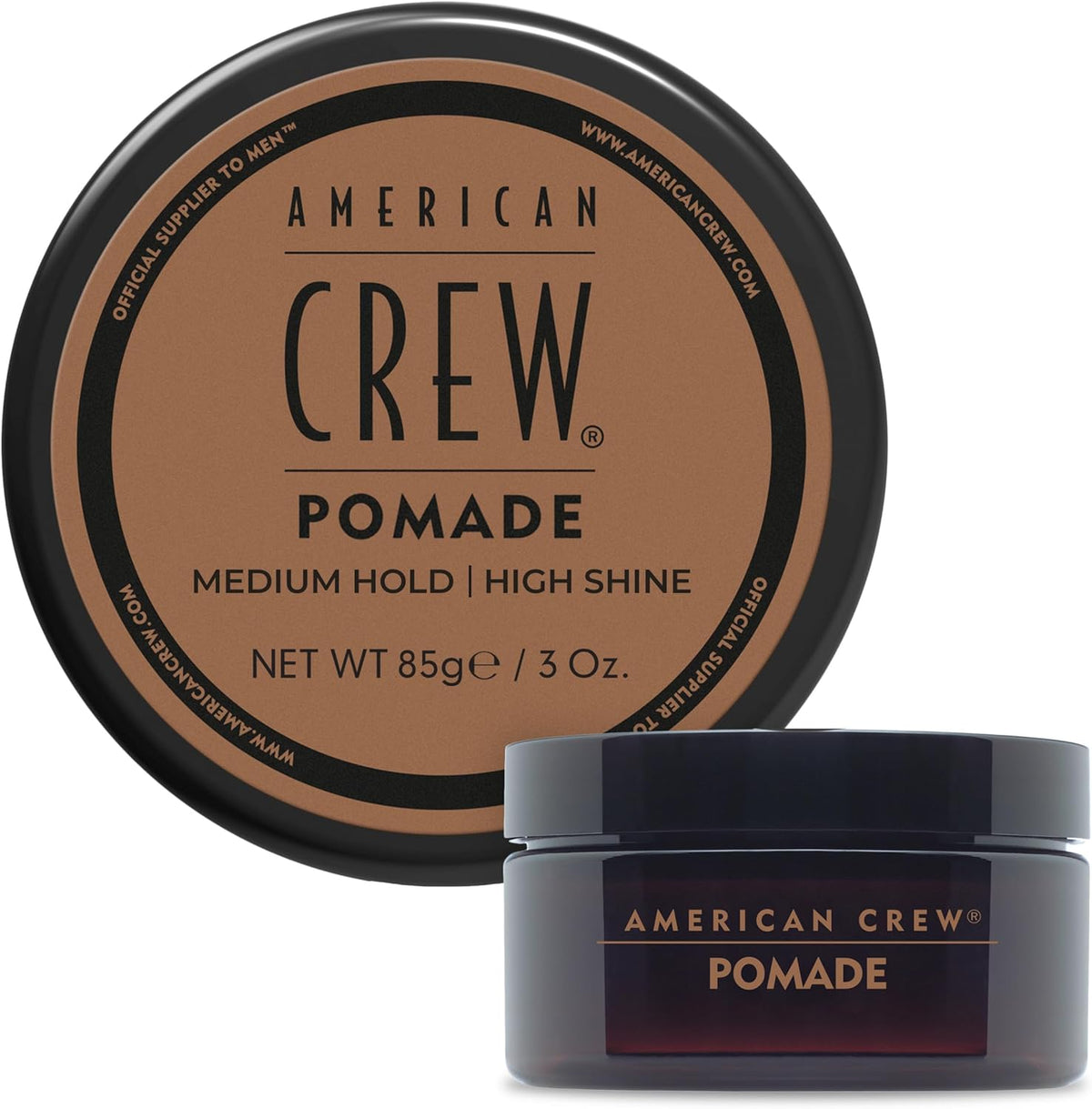 American Crew Pomade 3 Ounce jar front view showing medium hold and high shine label for men's hair styling.