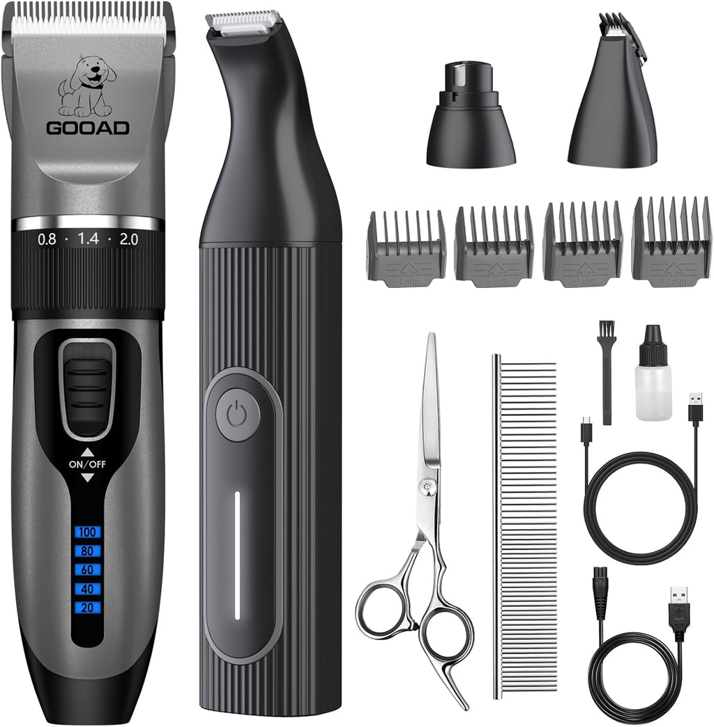 Black low noise dog grooming trimmer with indicator light displaying battery status