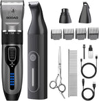 Black low noise dog grooming trimmer with indicator light displaying battery status