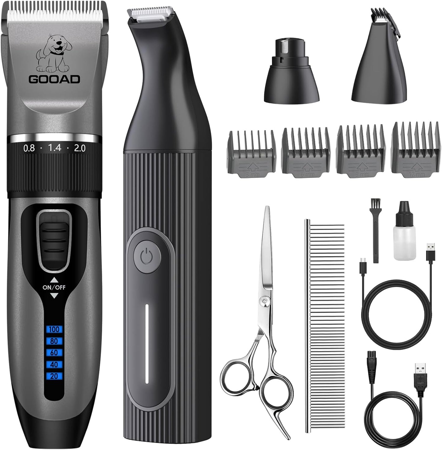 Black low noise dog grooming trimmer with indicator light displaying battery status
