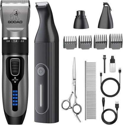 Black low noise dog grooming trimmer with indicator light displaying battery status