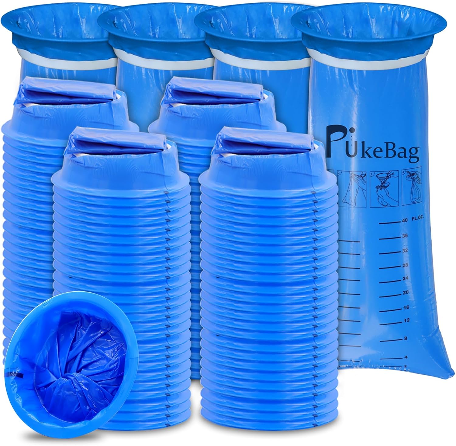 PukeBag disposable vomit bags 100 pack front view showcasing blue color and medical grade rigid rim