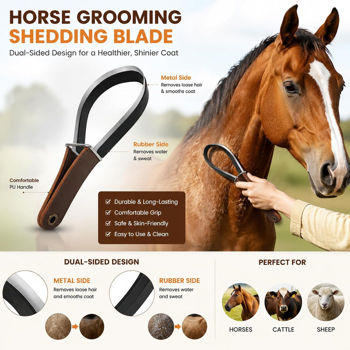 Dual sided pet shedding brush with stainless steel blade.