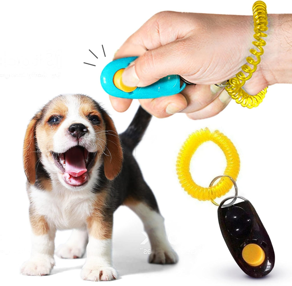 SunGrow pet behavior clicker with yellow elastic wristband attached.