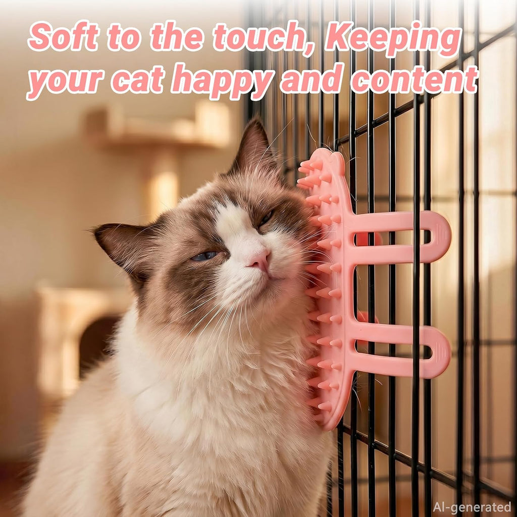 Pink silicone cat self groomer attached to a wall corner