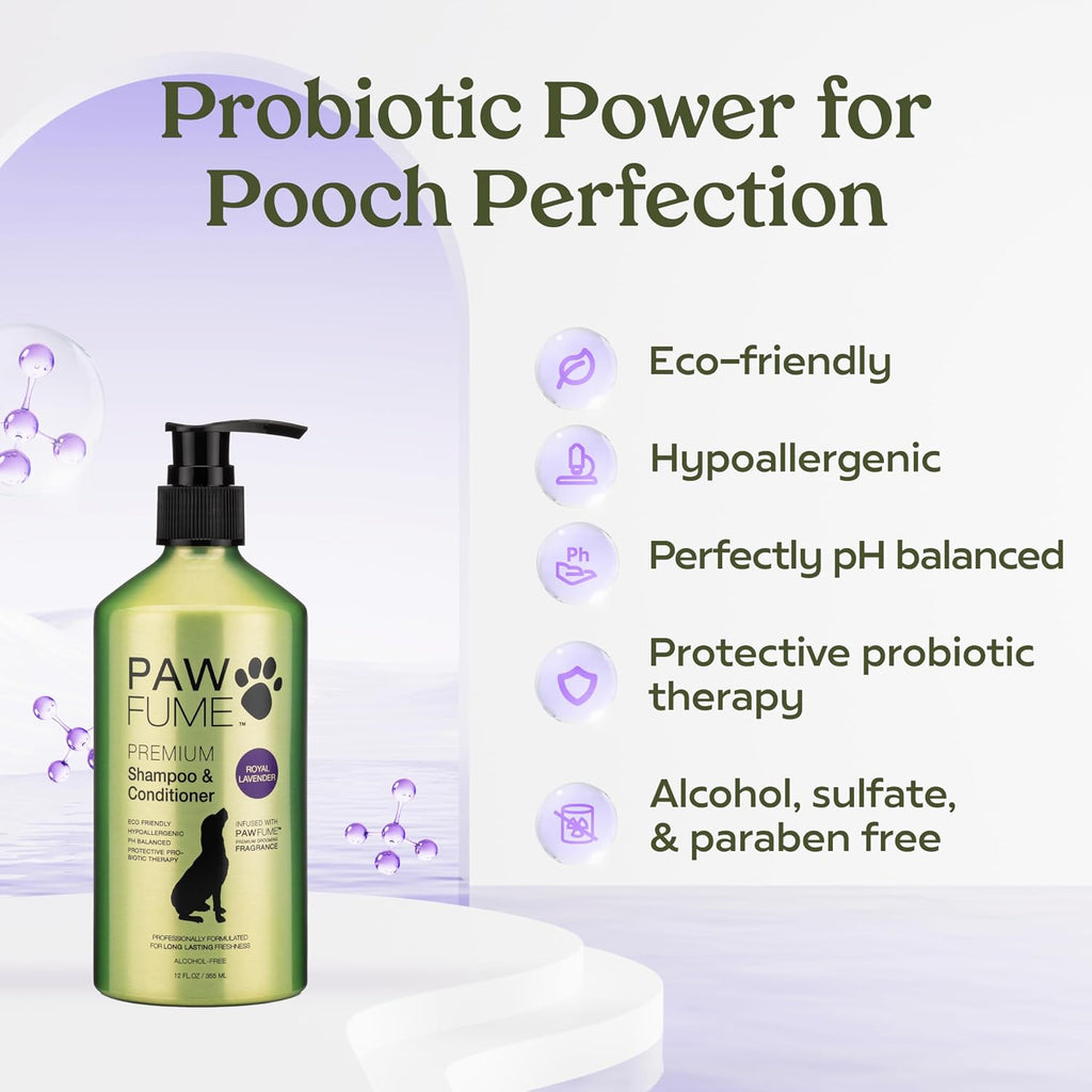 Close up view of Paw Fume Royal Lavender four ounce spray bottle packaging details.