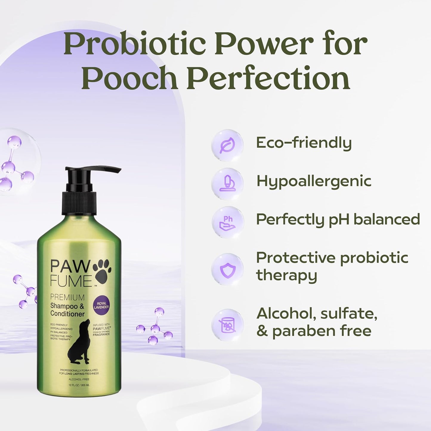 Close up view of Paw Fume Royal Lavender four ounce spray bottle packaging details.