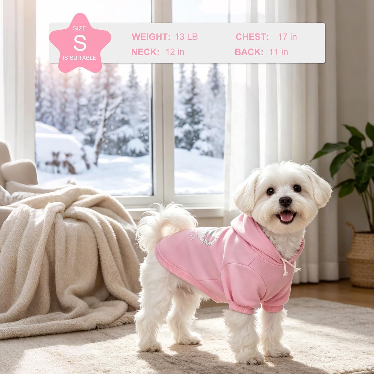 Side angle of a medium sized dog wearing the pink calming pullover outfit outdoors