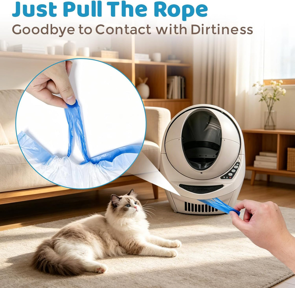 Hygienic drawstring closure on Ginkgo self-cleaning litter box liners