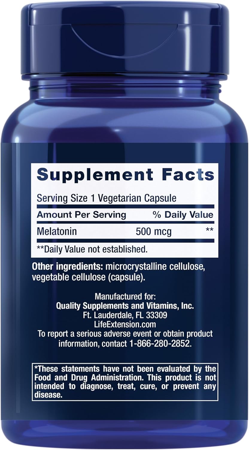 Life Extension Melatonin, 500 mcg - Gently Promotes Sleep, Low Dose, Value Size - Non-GMO, Gluten-Free, Vegetarian - 200 Capsules - Image 2