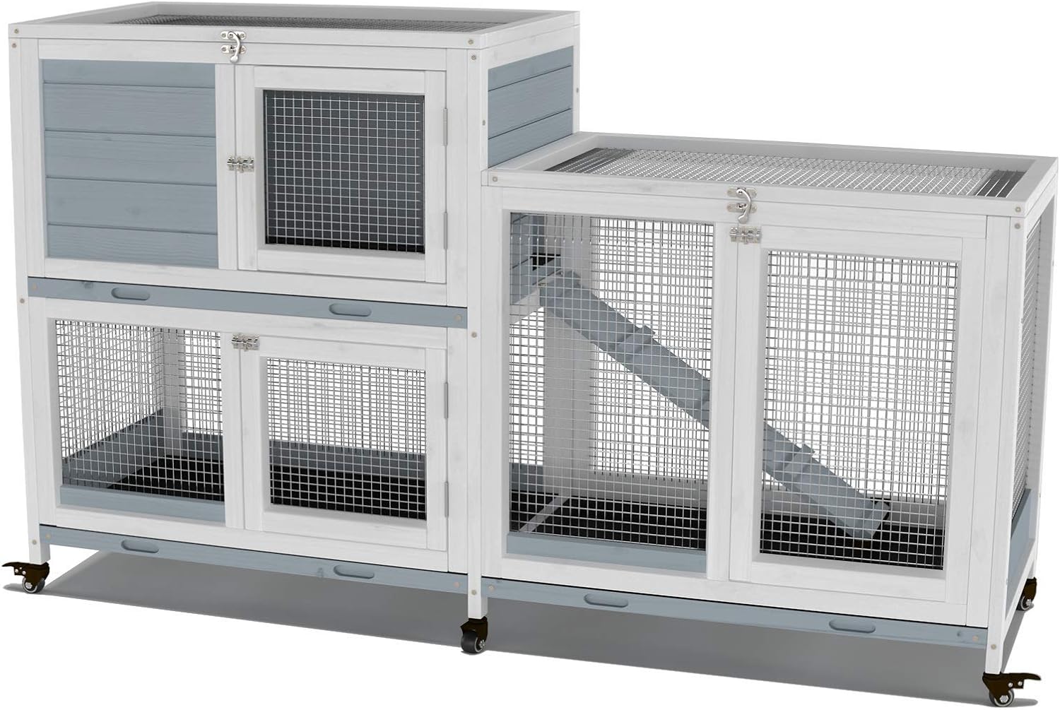 GDLF Two Floors 58" Wooden Indoor Bunny Hutch Rabbit Cage on Wheels Guinea Pig PET House for Small to Medium Animals Waterproof No Leak Tray - Image 1