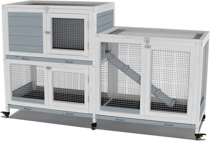 GDLF Two Floors 58" Wooden Indoor Bunny Hutch Rabbit Cage on Wheels Guinea Pig PET House for Small to Medium Animals Waterproof No Leak Tray - Image 1