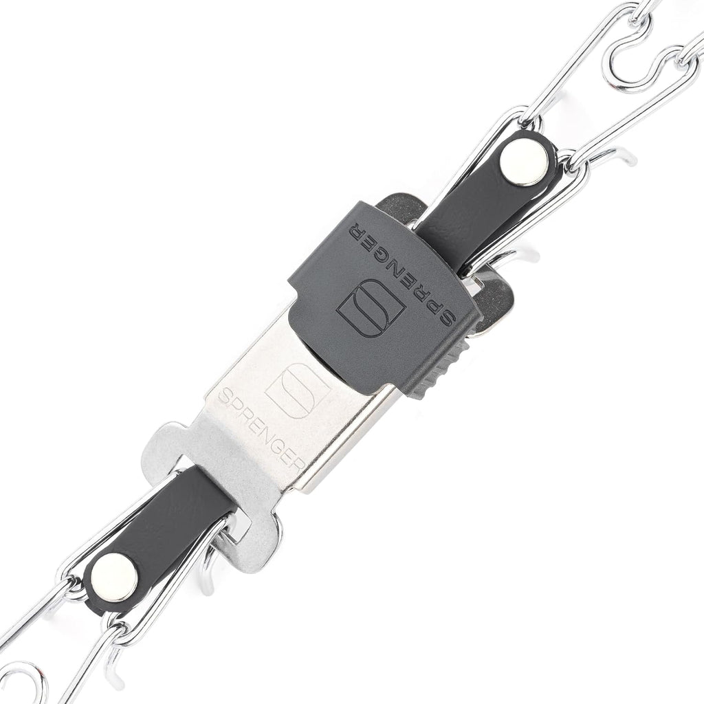 Authentic German manufactured Herm Sprenger dog collar laid flat illustrating the 16 inch length layout.
