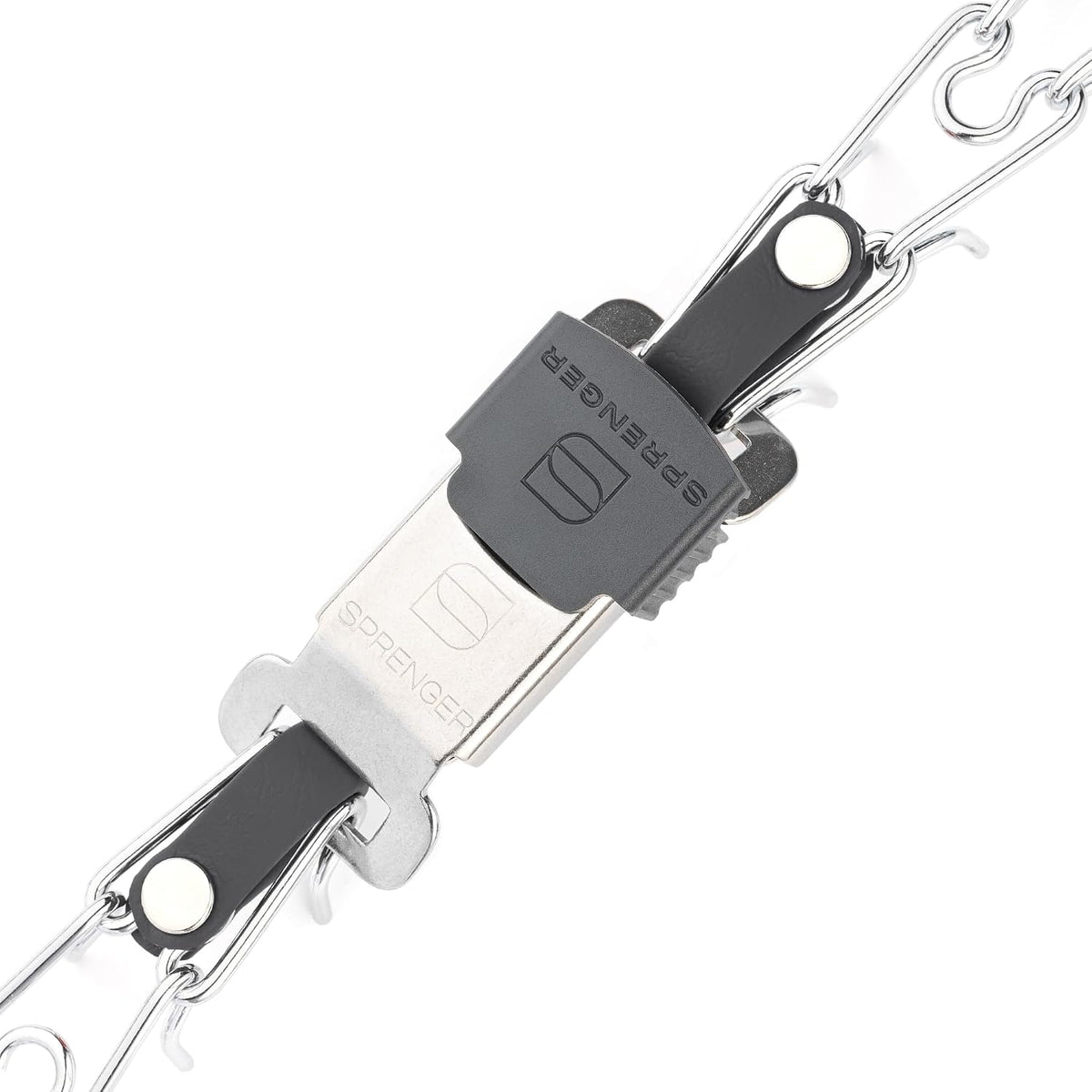 Authentic German manufactured Herm Sprenger dog collar laid flat illustrating the 16 inch length layout.