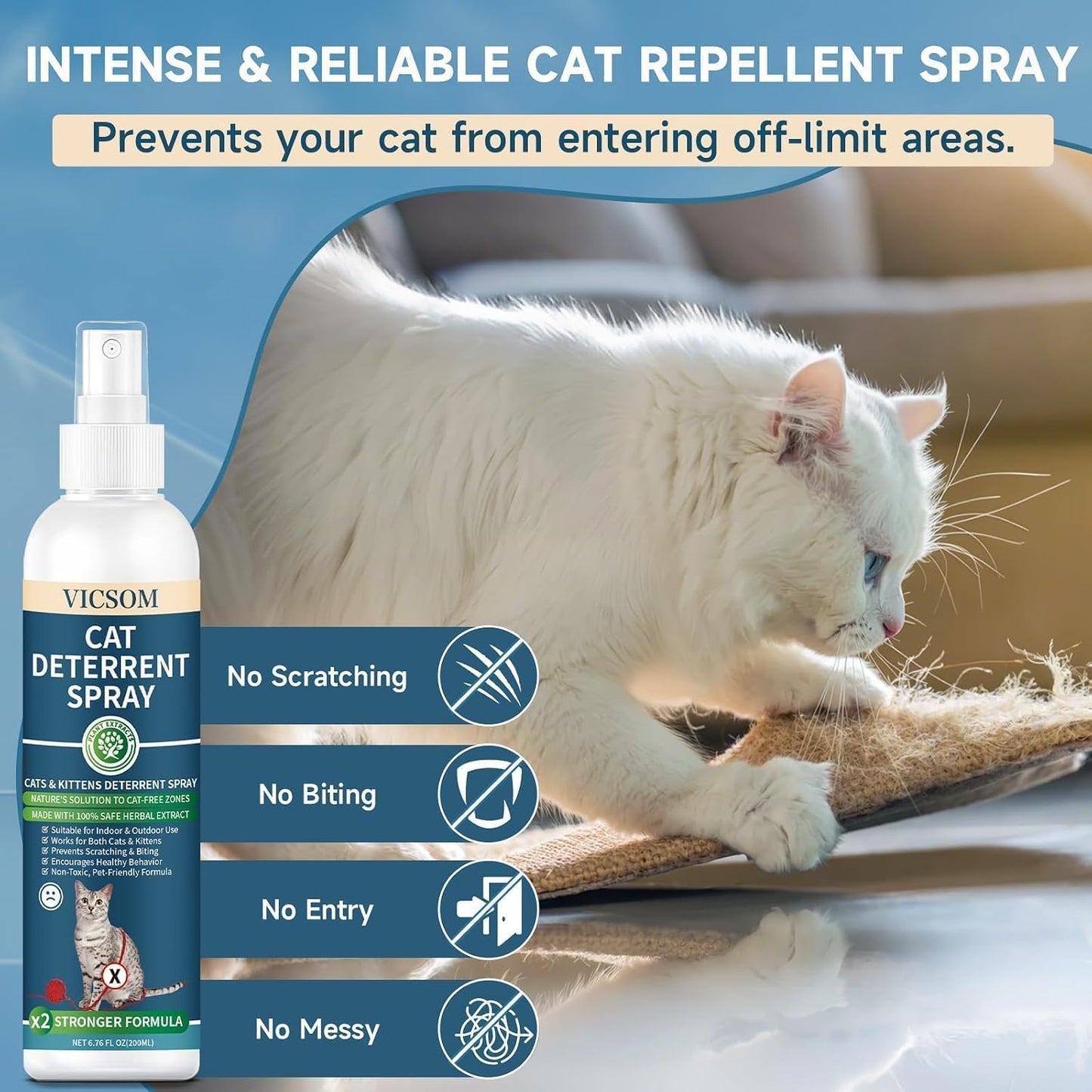 VICSOM natural cat repellent spray bottle showing directions for use